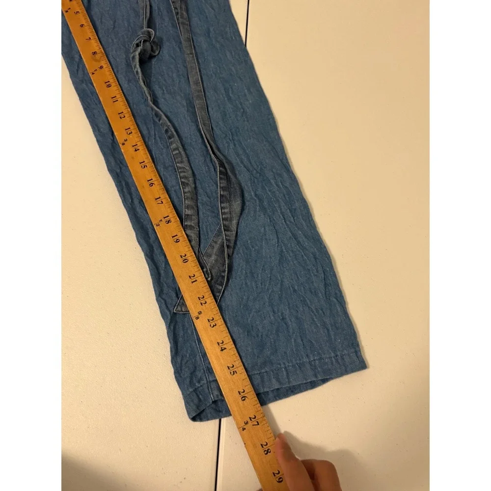 Zara Denim Linen Blend Wide Leg Jumpsuit Blue Short Sleeve Belted Medium d5